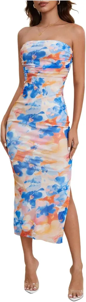 Milumia Women's Summer Strapeless Tube Top Dresses Side Slit Ruched Bodycon Maxi Dress Vacation