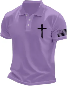 Polo Shirts for Men Christian Cross American Flag Pirnt Golf T-Shirts Summer Short Sleeve Button Down Patriotic Tops