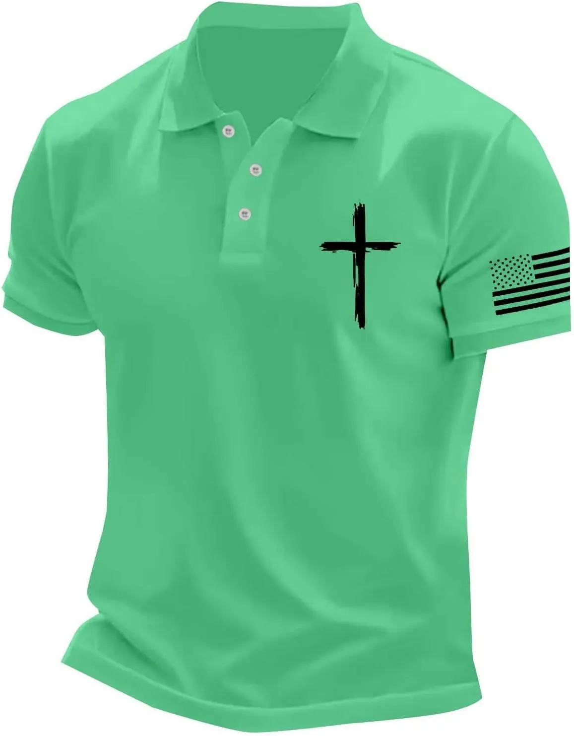 Polo Shirts for Men Christian Cross American Flag Pirnt Golf T-Shirts Summer Short Sleeve Button Down Patriotic Tops