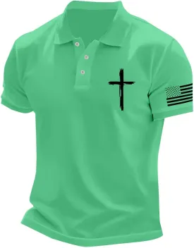 Polo Shirts for Men Christian Cross American Flag Pirnt Golf T-Shirts Summer Short Sleeve Button Down Patriotic Tops