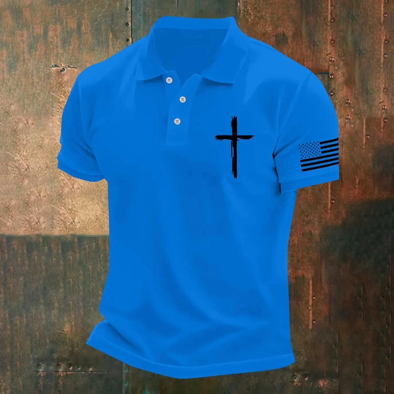 Polo Shirts for Men Christian Cross American Flag Pirnt Golf T-Shirts Summer Short Sleeve Button Down Patriotic Tops