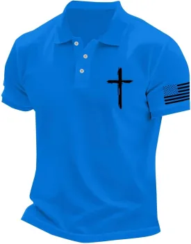 Polo Shirts for Men Christian Cross American Flag Pirnt Golf T-Shirts Summer Short Sleeve Button Down Patriotic Tops