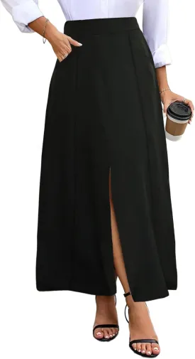 POPZONE Women's Maxi Skirts Elastic High Waist A-Line Skirts Front Split Skirts for Women with Pocket