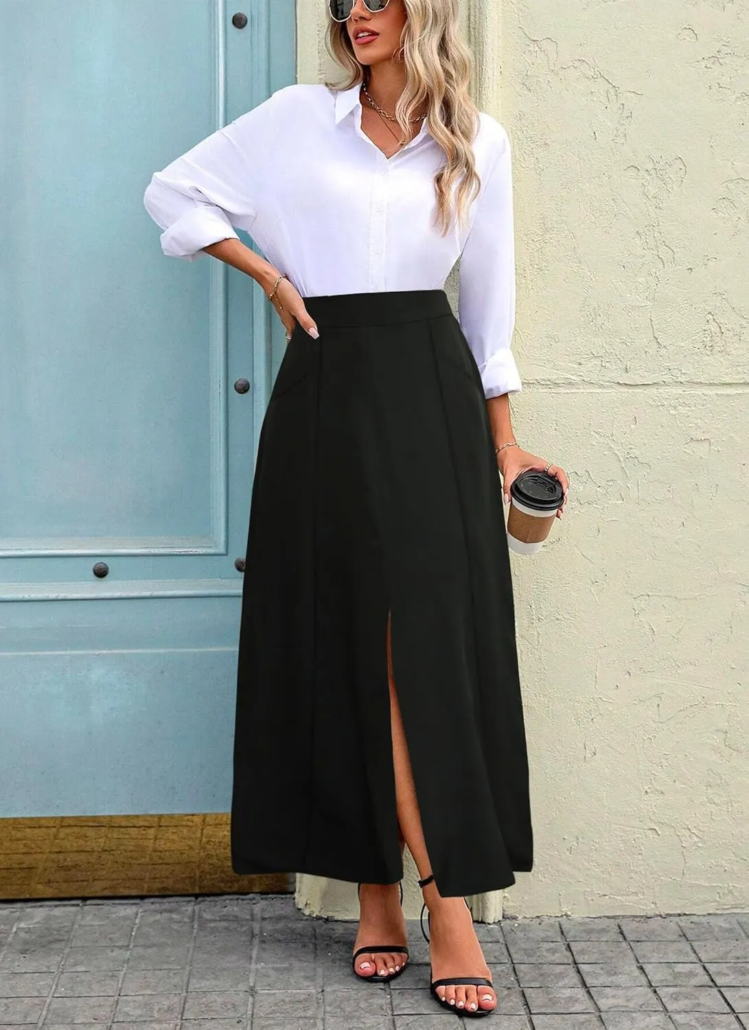 POPZONE Women's Maxi Skirts Elastic High Waist A-Line Skirts Front Split Skirts for Women with Pocket