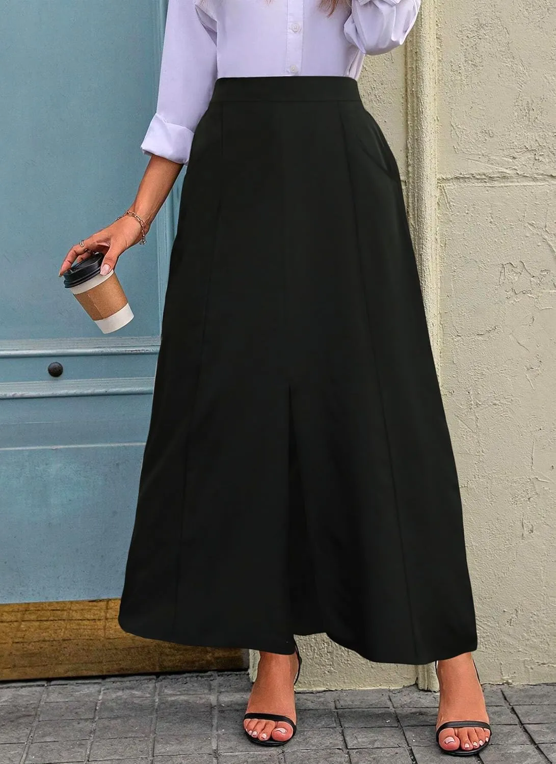 POPZONE Women's Maxi Skirts Elastic High Waist A-Line Skirts Front Split Skirts for Women with Pocket