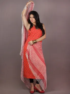 Red Beige Hand Block Printed Cotton Suit-Salwar Fabric With Chiffon Dupatta - S1628098