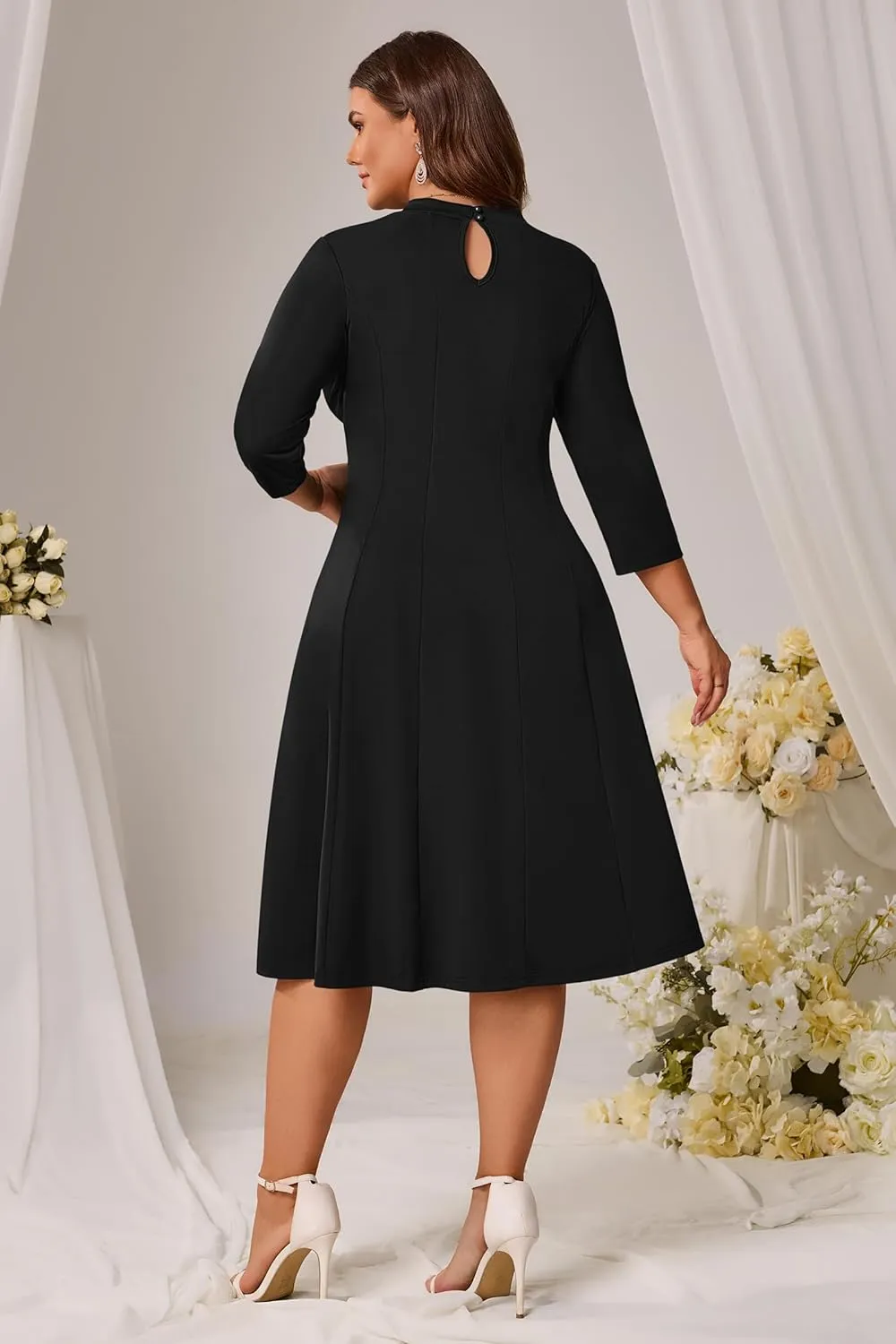 Runwind Plus Size Dresses for Curvy Women V-Neck 3/4 Sleeve Church Wedding Guest Cocktail Party Summer Midi Dress
