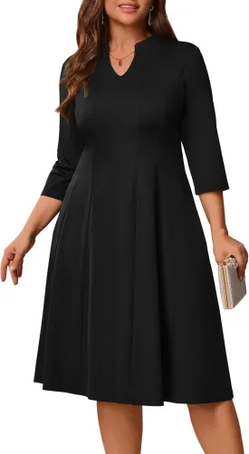 Runwind Plus Size Dresses for Curvy Women V-Neck 3/4 Sleeve Church Wedding Guest Cocktail Party Summer Midi Dress