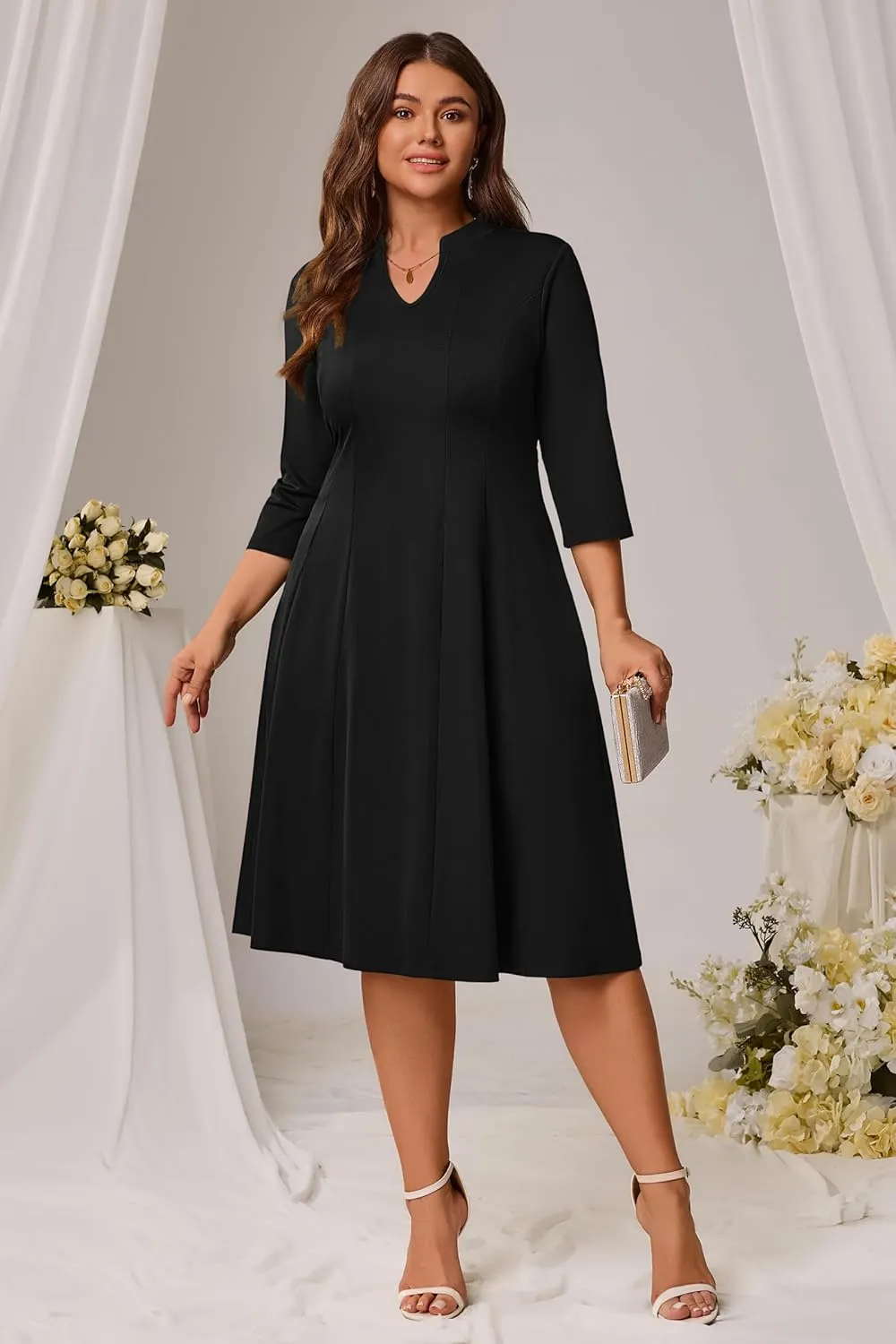 Runwind Plus Size Dresses for Curvy Women V-Neck 3/4 Sleeve Church Wedding Guest Cocktail Party Summer Midi Dress