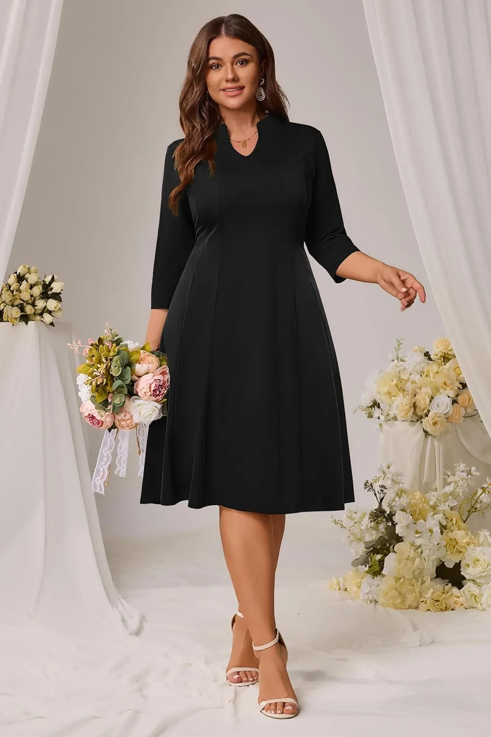 Runwind Plus Size Dresses for Curvy Women V-Neck 3/4 Sleeve Church Wedding Guest Cocktail Party Summer Midi Dress