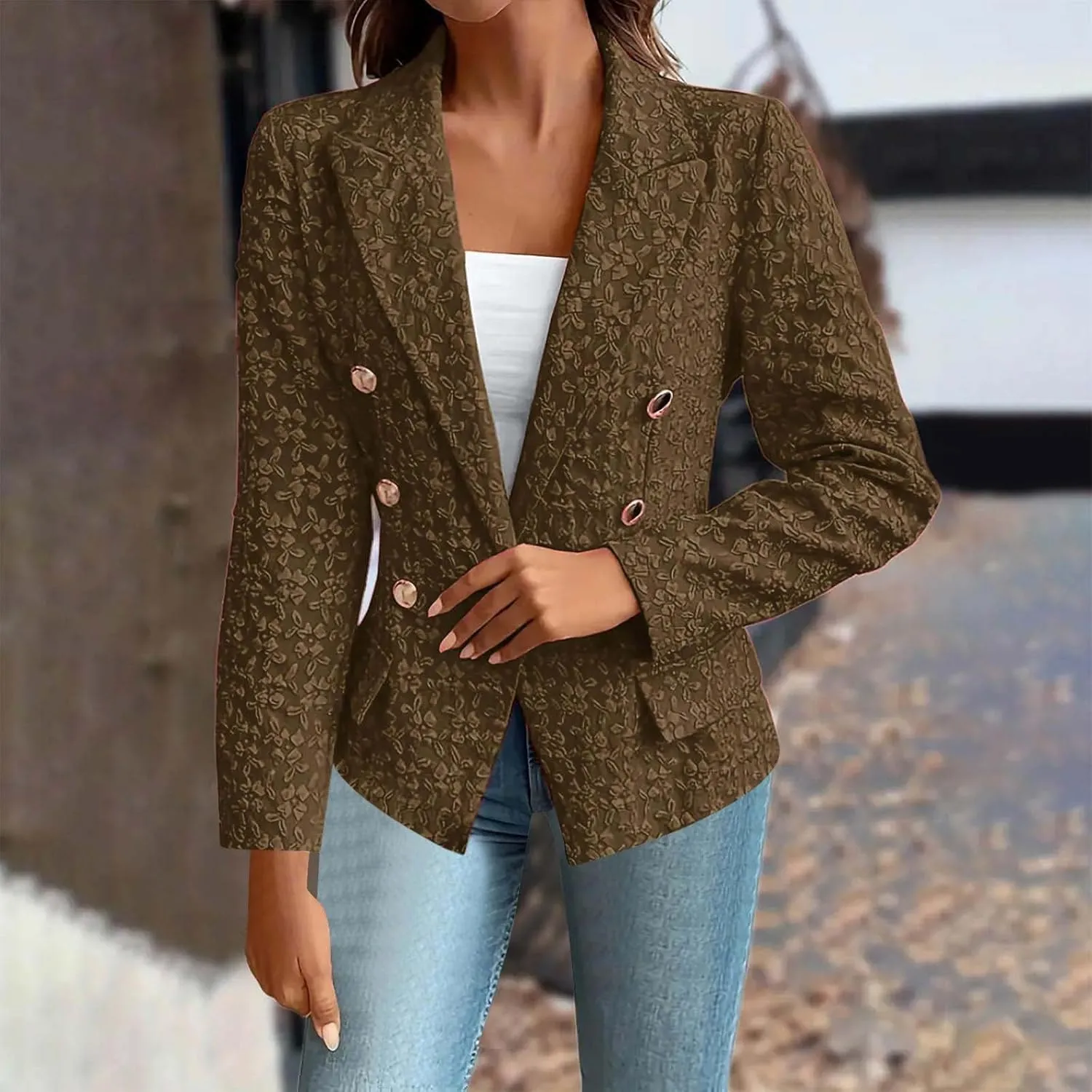 Summer Jackets for Women Dressy Business Casual Suit Jackets Long Sleeve Button Printed Blazer Tops with Pockets