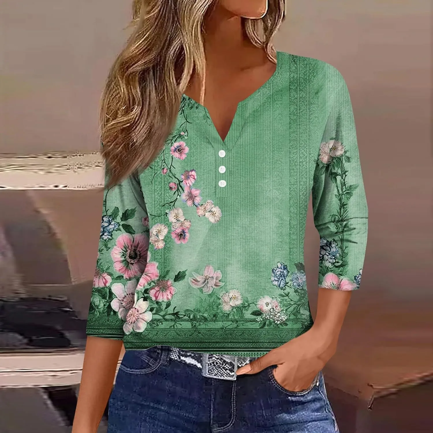 Summer Tops for Women 2025 Dressy Casual Boho 3/4 Sleeve Tunics Loose Fit T Shirts Trendy V Neck Button Down Blouses