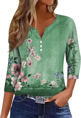 Summer Tops for Women 2025 Dressy Casual Boho 3/4 Sleeve Tunics Loose Fit T Shirts Trendy V Neck Button Down Blouses