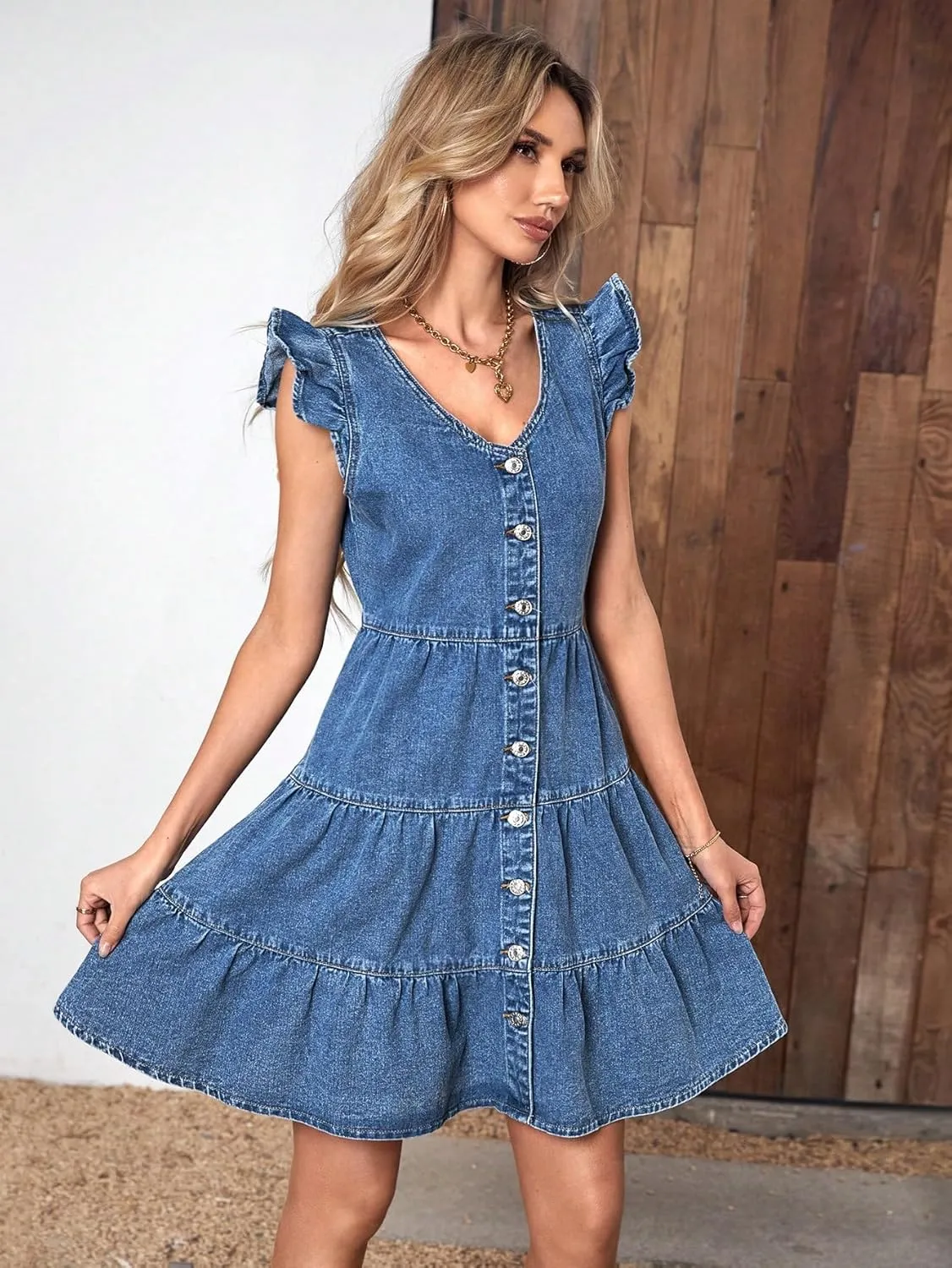 SweatyRocks Women's Cap Sleeve V Neck Button Front Dress A Line Ruffle Hem Denim Short Dresses