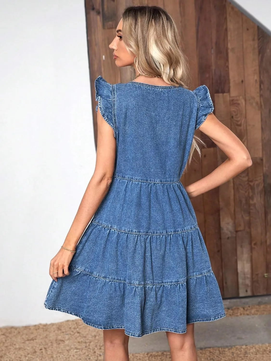 SweatyRocks Women's Cap Sleeve V Neck Button Front Dress A Line Ruffle Hem Denim Short Dresses