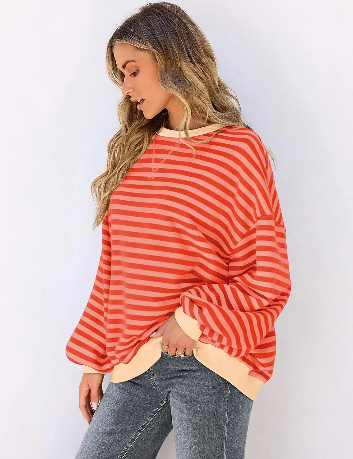 UEU Women Oversized Striped Crewneck Sweatshirt Long Sleeve Color Block Pullover Tops Casual Loose Workout Shirt