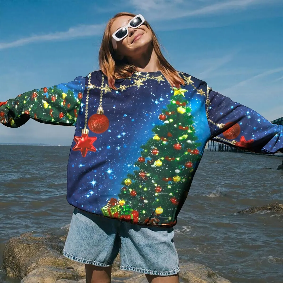 UNIQUEONE Ugly Christmas Sweatshirts Women Christmas Sweater Xmas Tree Sequin Top Winter Crewneck Family Holiday Outfits