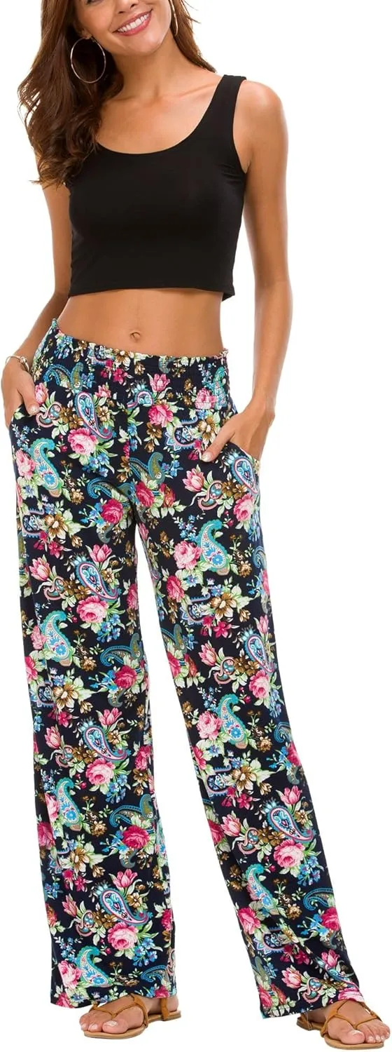 Urban CoCo Women's Boho Palazzo Pants Wide Leg Beach Pants High Waisted Lounge Pants with Pockets