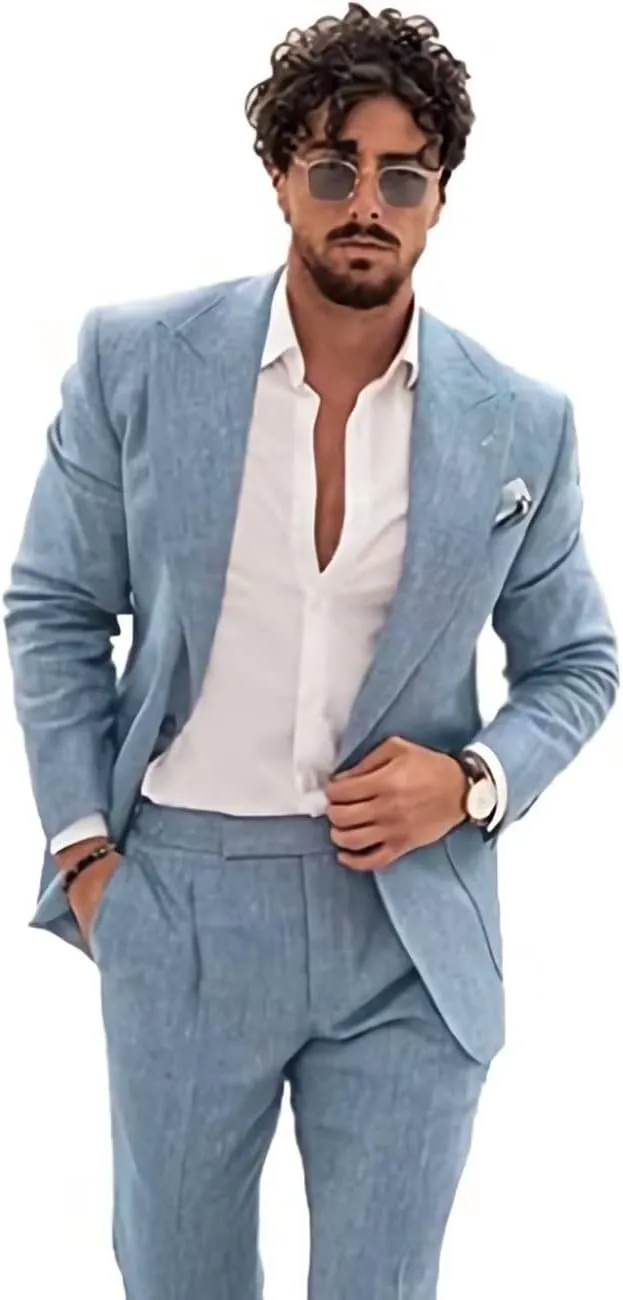 Wangyue Linen Suit for Men Casual Slim Fit Vintage Suits Groomsmen Suits Wedding Summer Beach Blazer Pants Set