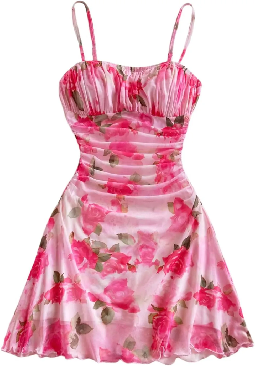 WDIRARA Women's Floral Print Ruched Cami Dress Spaghetti Strap Ruffle Hem A Line Dress