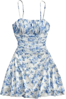 WDIRARA Women's Floral Print Ruched Cami Dress Spaghetti Strap Ruffle Hem A Line Dress
