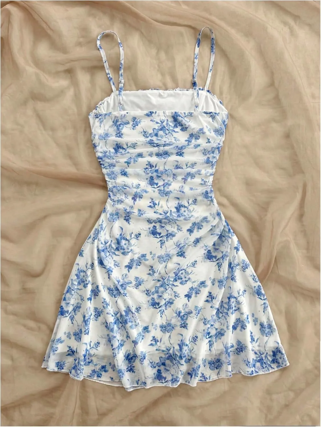 WDIRARA Women's Floral Print Ruched Cami Dress Spaghetti Strap Ruffle Hem A Line Dress