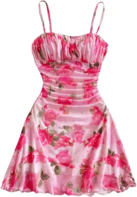 WDIRARA Women's Floral Print Ruched Cami Dress Spaghetti Strap Ruffle Hem A Line Dress