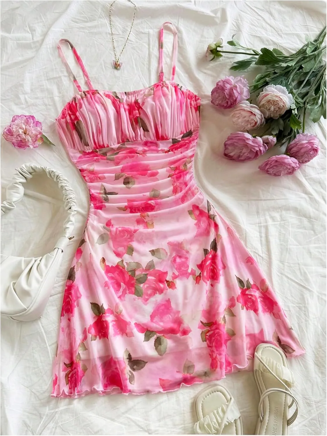 WDIRARA Women's Floral Print Ruched Cami Dress Spaghetti Strap Ruffle Hem A Line Dress