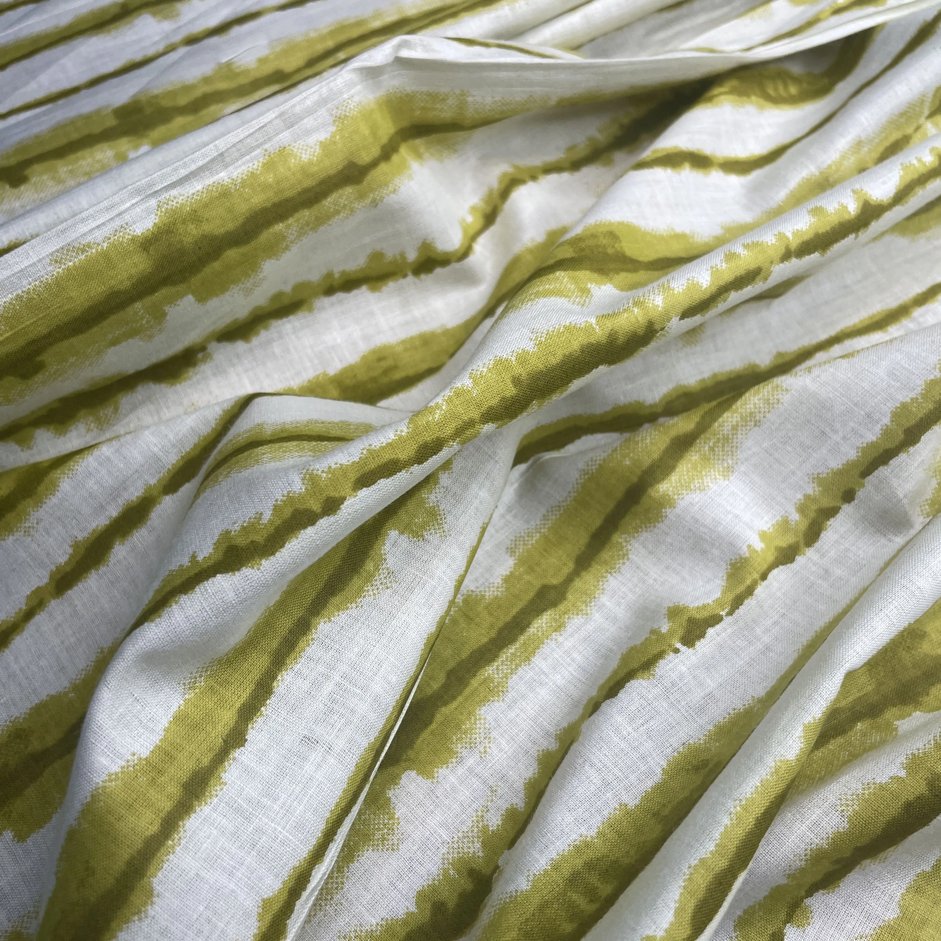 White Olive Green Stripes Print Cotton Fabric