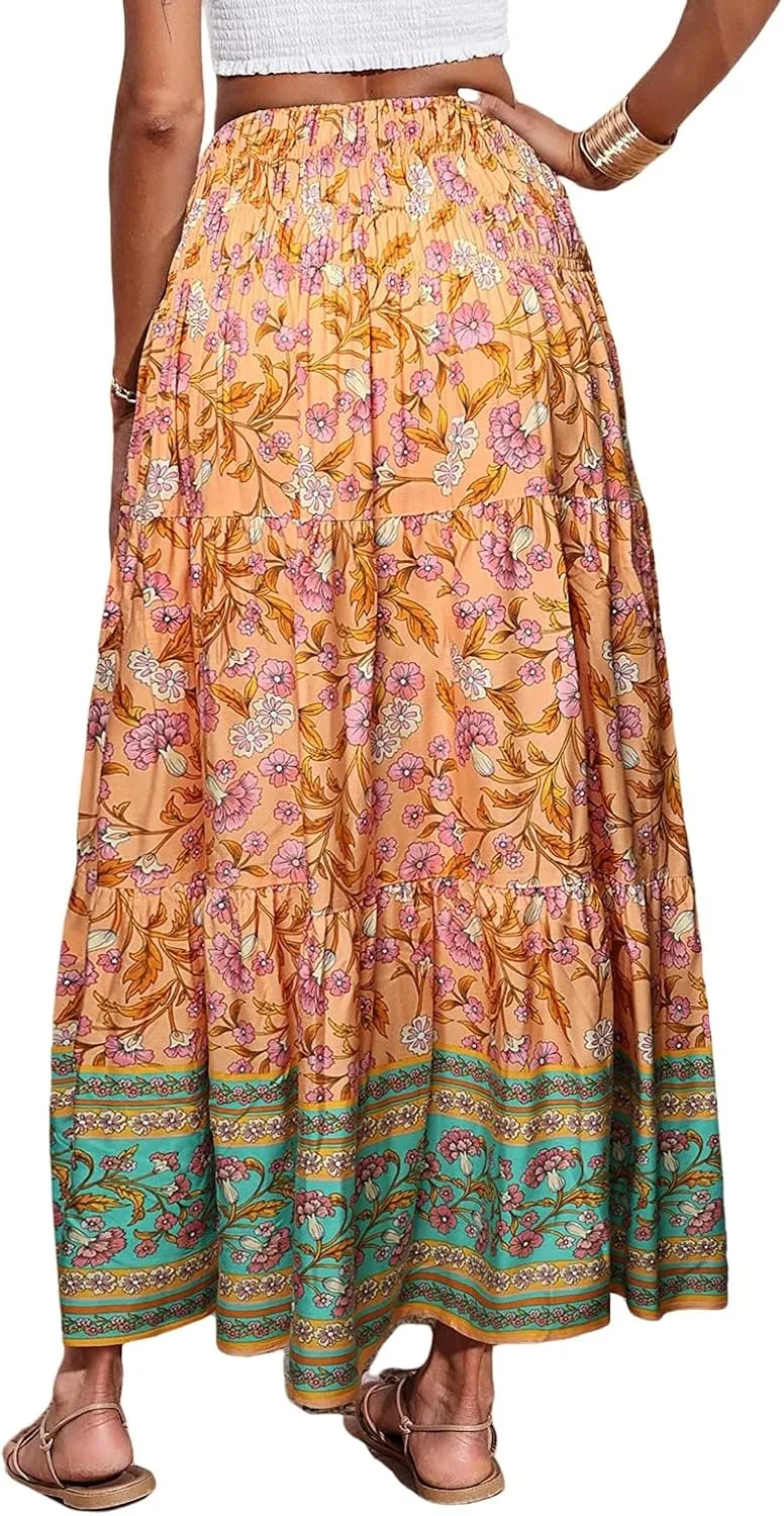 Women Boho Maxi Skirts Flowy Floral Elastic High Waist Long Skirts Summer Bohemian A-Line Pleated Casual Beach Skirt