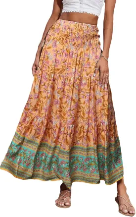 Women Boho Maxi Skirts Flowy Floral Elastic High Waist Long Skirts Summer Bohemian A-Line Pleated Casual Beach Skirt