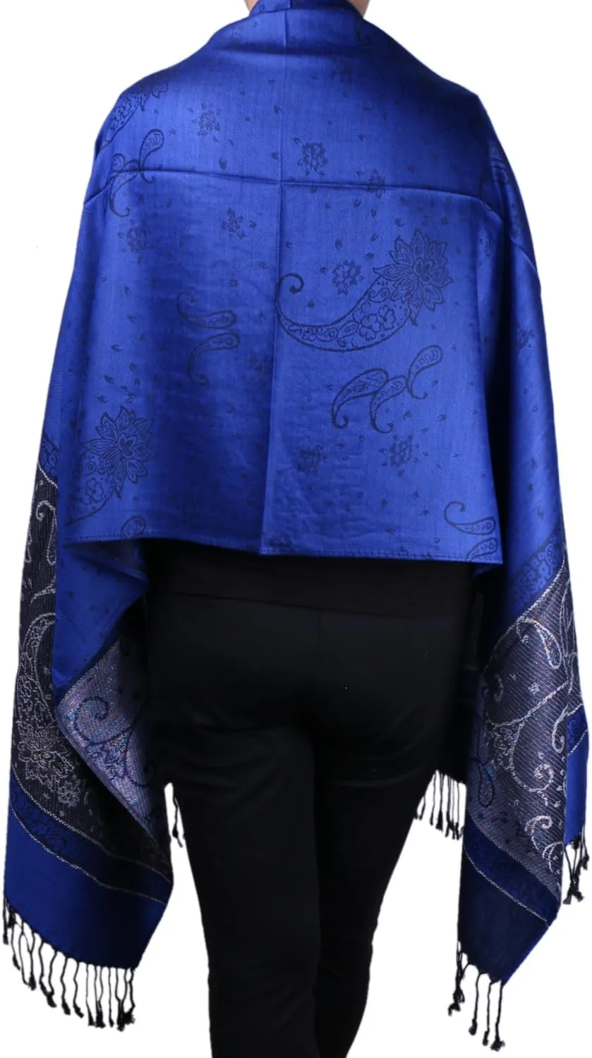 Women Tow Tone Pashmina Reversible Paisley Shawl Wrap Jacquard Scarf w/Fringes