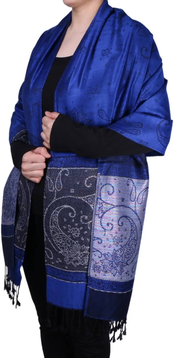 Women Tow Tone Pashmina Reversible Paisley Shawl Wrap Jacquard Scarf w/Fringes