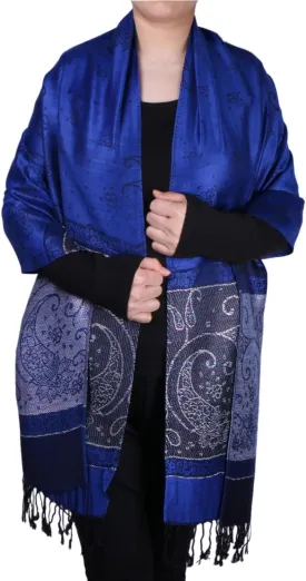 Women Tow Tone Pashmina Reversible Paisley Shawl Wrap Jacquard Scarf w/Fringes