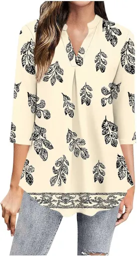 Womens 3/4 Sleeve Tops Fashion Color Block Loose Fit V Neck Tunic Shirts 2025 Summer Casual Going Out Street Blouse