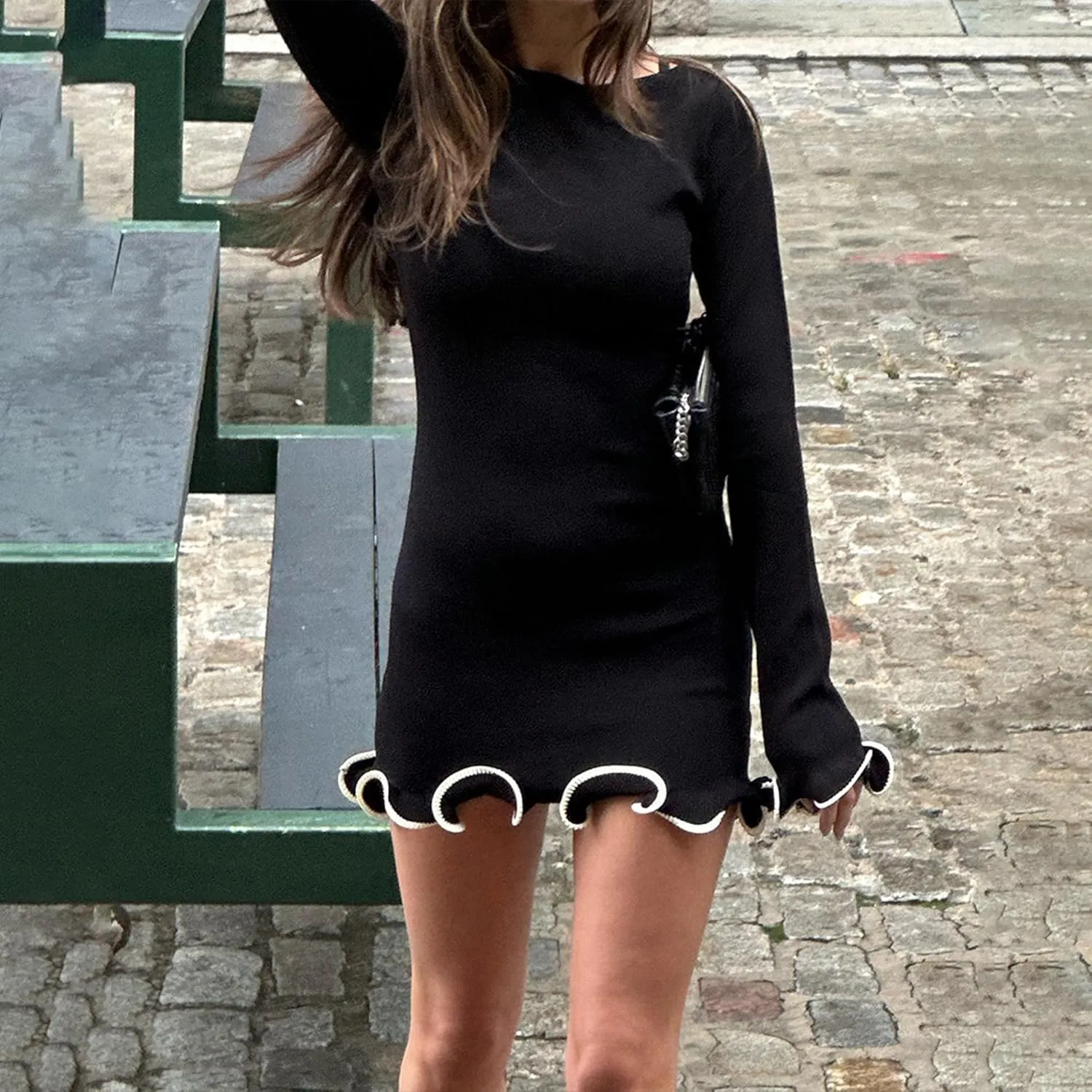 Womens Elegant Sweater Dress Ribbed Knitted Mini Dress Ruffle Hem Contrast Color Cute Bodycon Dresses