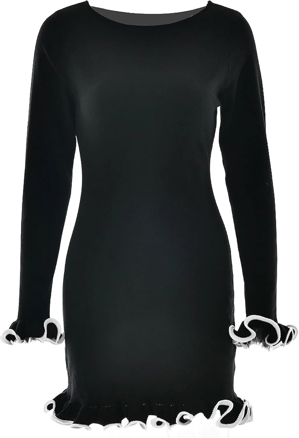 Womens Elegant Sweater Dress Ribbed Knitted Mini Dress Ruffle Hem Contrast Color Cute Bodycon Dresses