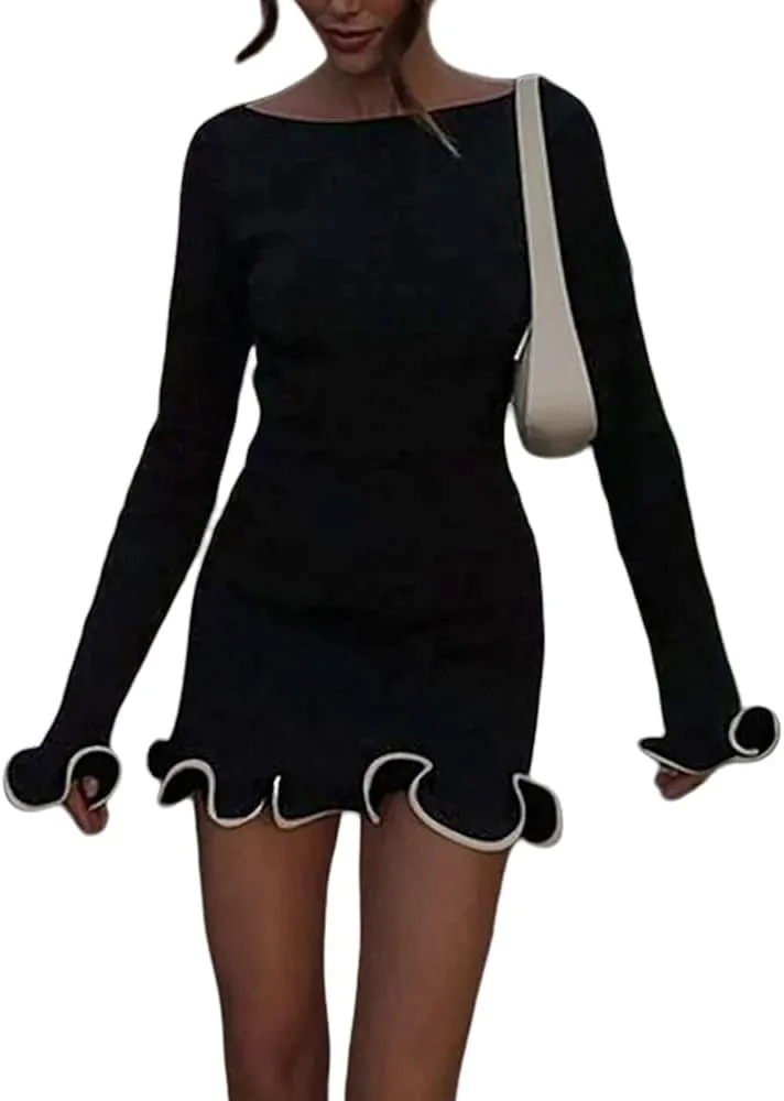 Womens Elegant Sweater Dress Ribbed Knitted Mini Dress Ruffle Hem Contrast Color Cute Bodycon Dresses