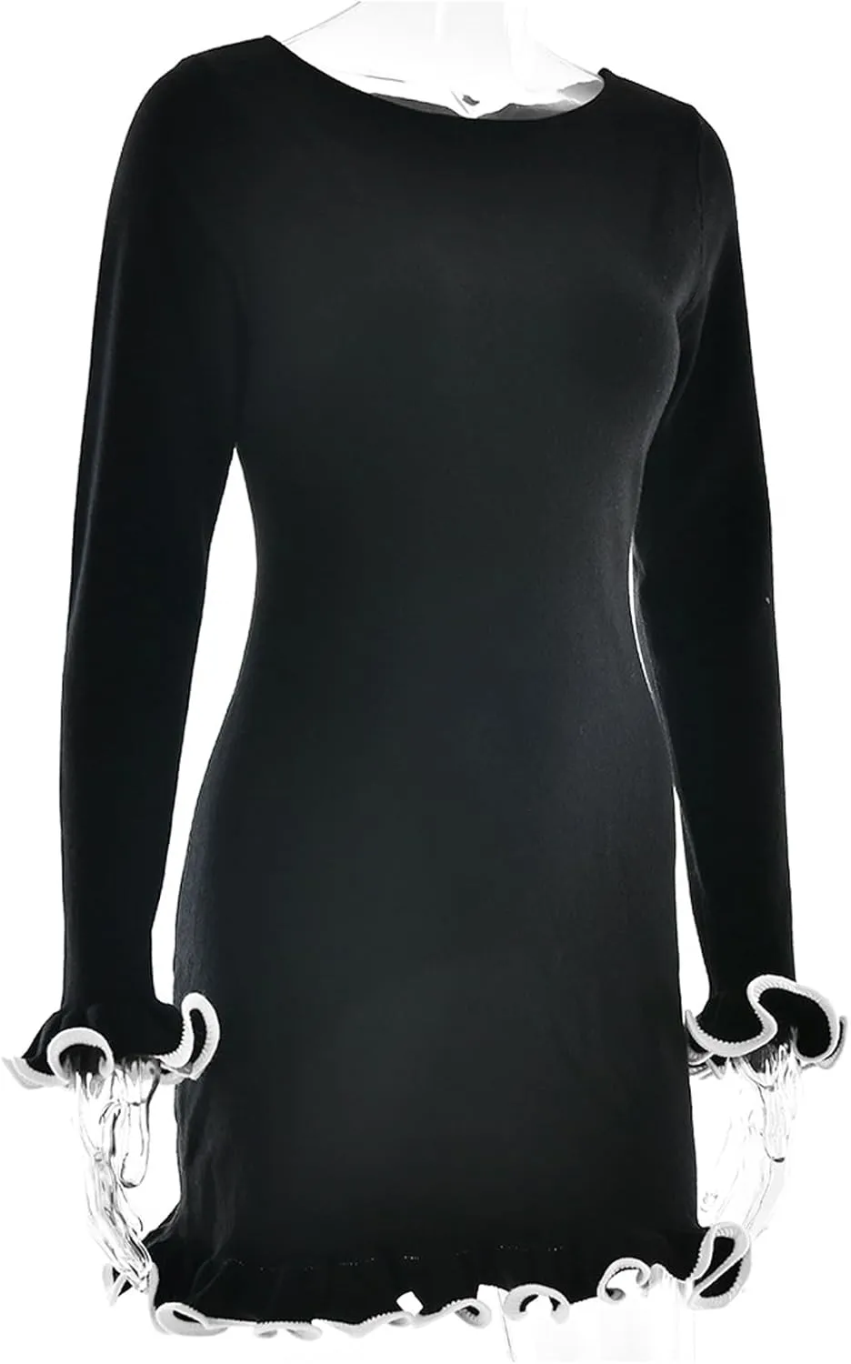 Womens Elegant Sweater Dress Ribbed Knitted Mini Dress Ruffle Hem Contrast Color Cute Bodycon Dresses