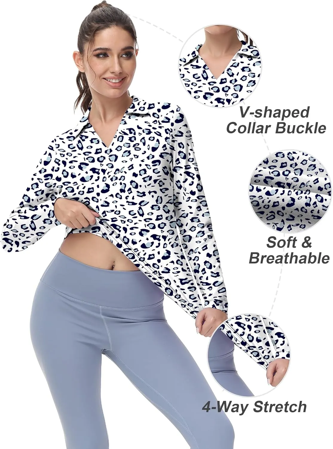 Women's Golf Polo Shirts Long Sleeve Workout Tops V Neck UPF 50  Sun Protection Quick Dry Lightweight Active Shirts