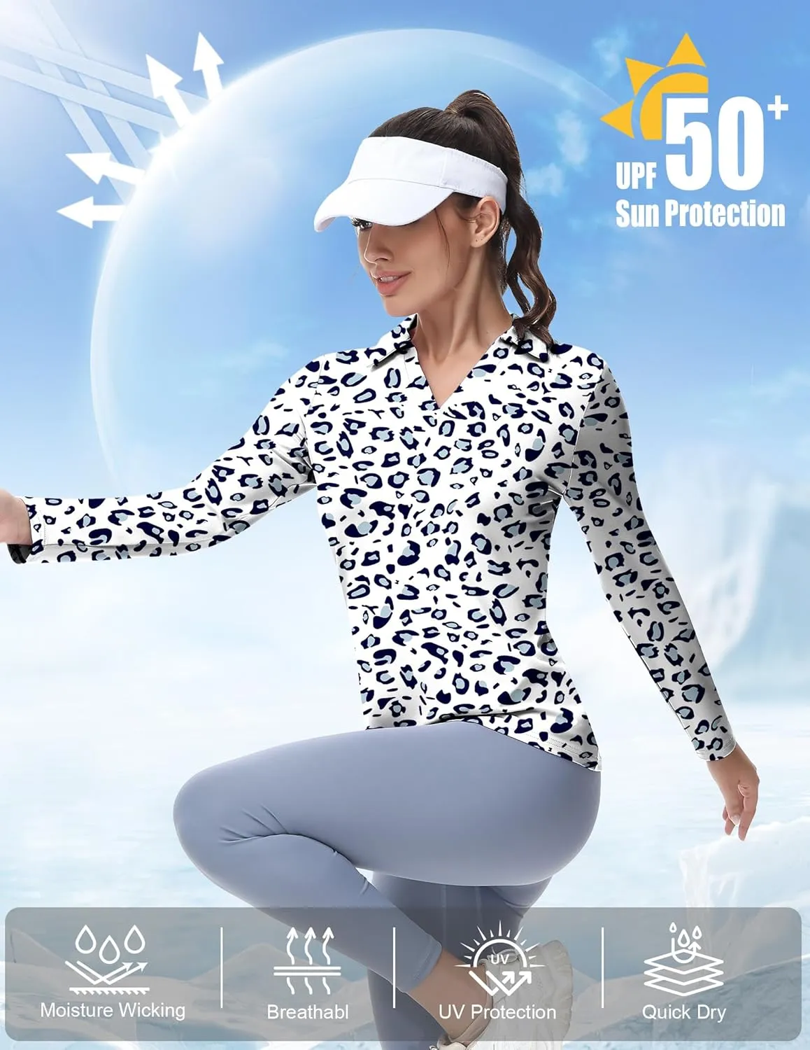 Women's Golf Polo Shirts Long Sleeve Workout Tops V Neck UPF 50  Sun Protection Quick Dry Lightweight Active Shirts