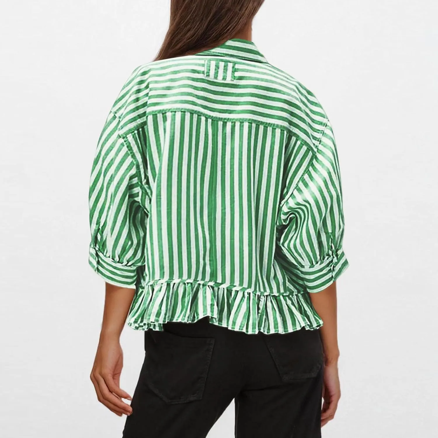 Womens Oversized Button Down 3/4 Sleeve Striped Crop Tops Summer Y2K Peplum Tops Shirts Dressy Blouse Tees