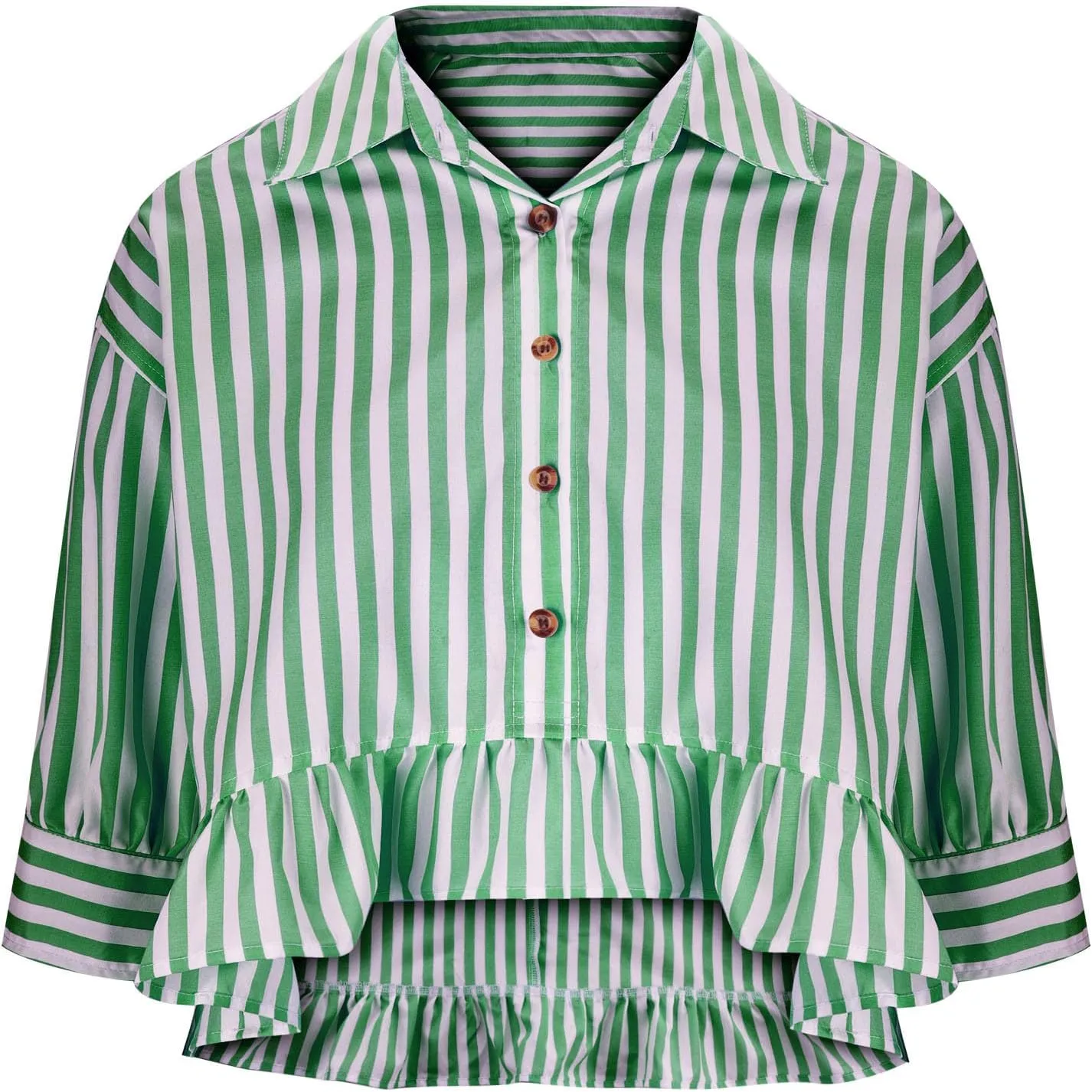 Womens Oversized Button Down 3/4 Sleeve Striped Crop Tops Summer Y2K Peplum Tops Shirts Dressy Blouse Tees