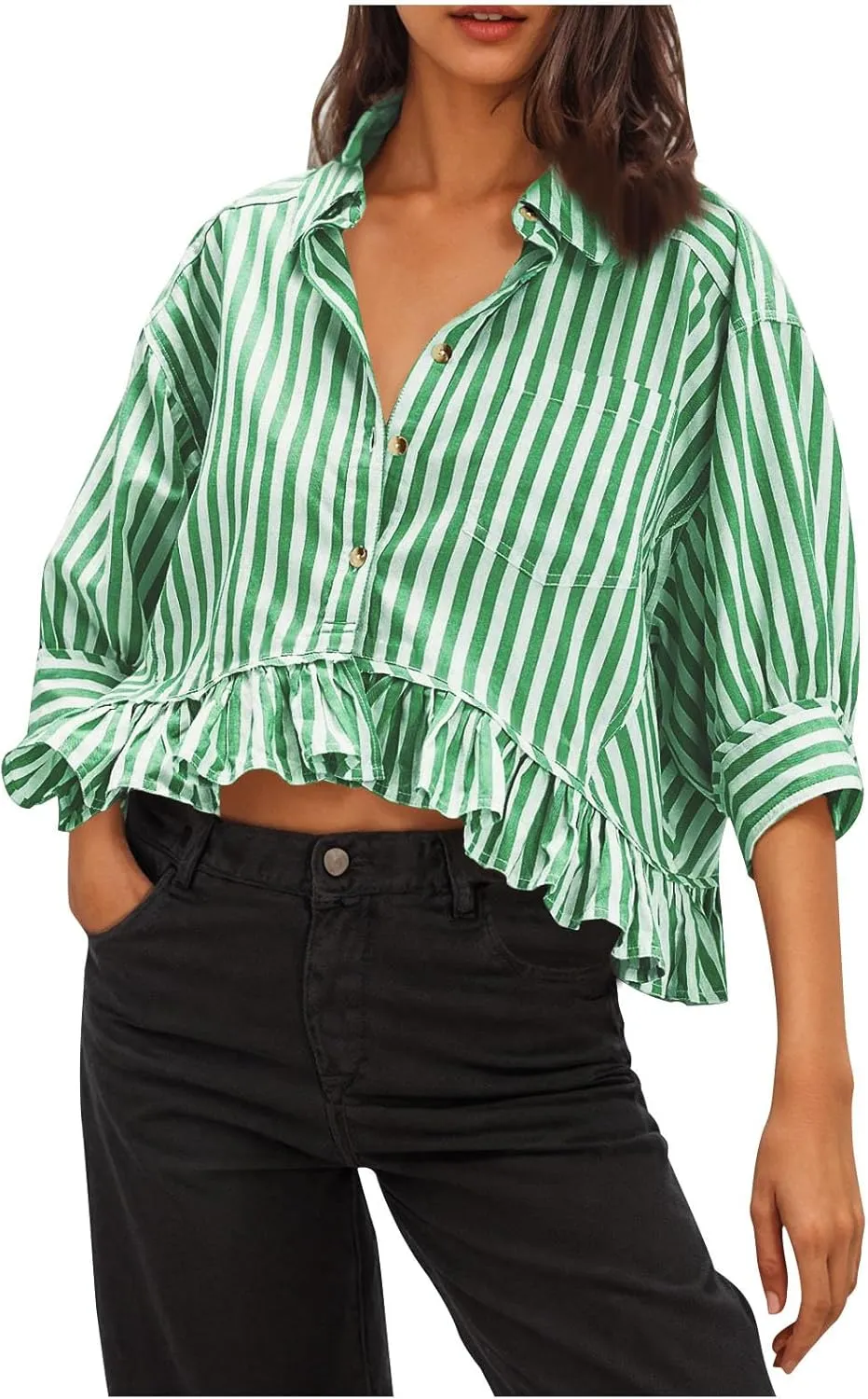 Womens Oversized Button Down 3/4 Sleeve Striped Crop Tops Summer Y2K Peplum Tops Shirts Dressy Blouse Tees