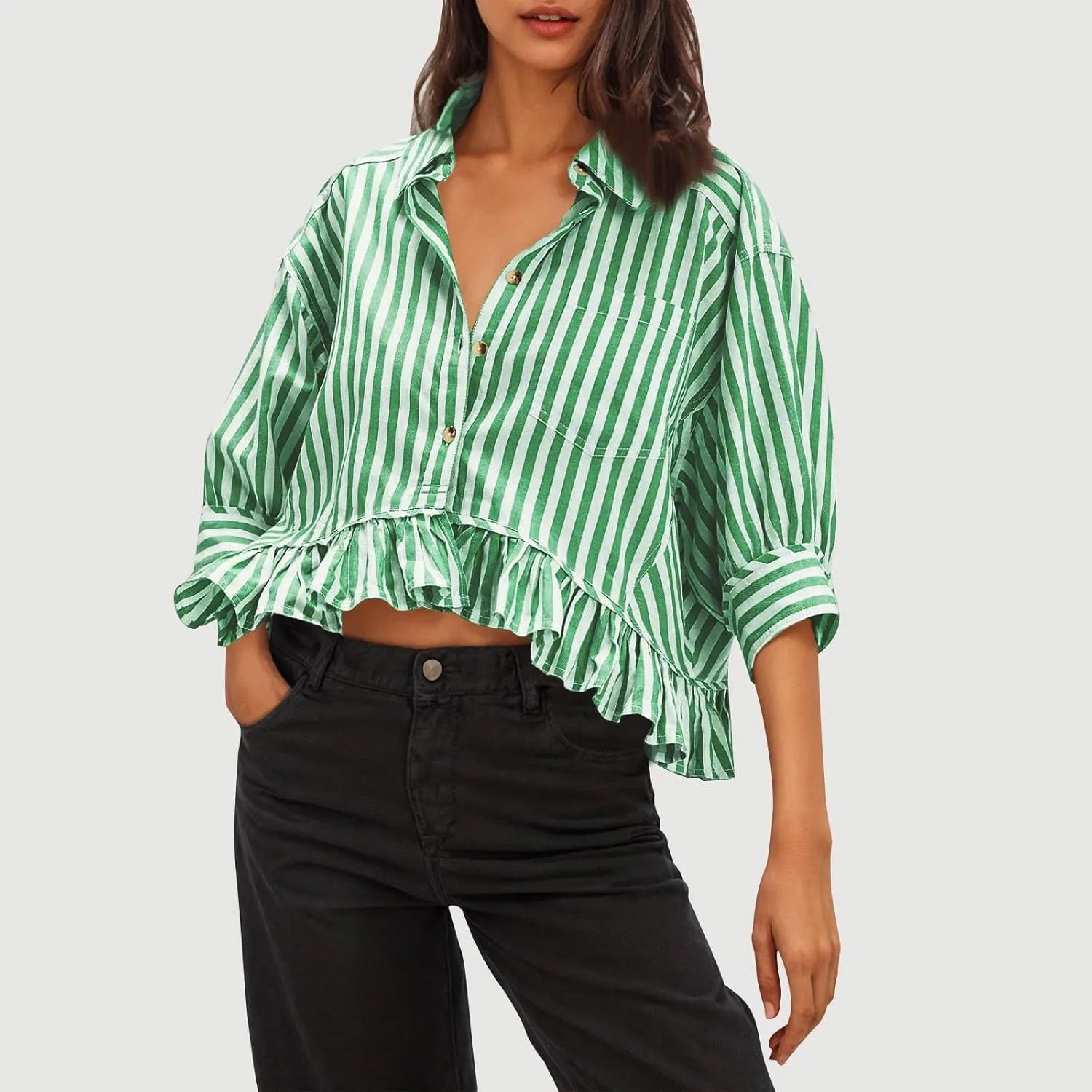 Womens Oversized Button Down 3/4 Sleeve Striped Crop Tops Summer Y2K Peplum Tops Shirts Dressy Blouse Tees