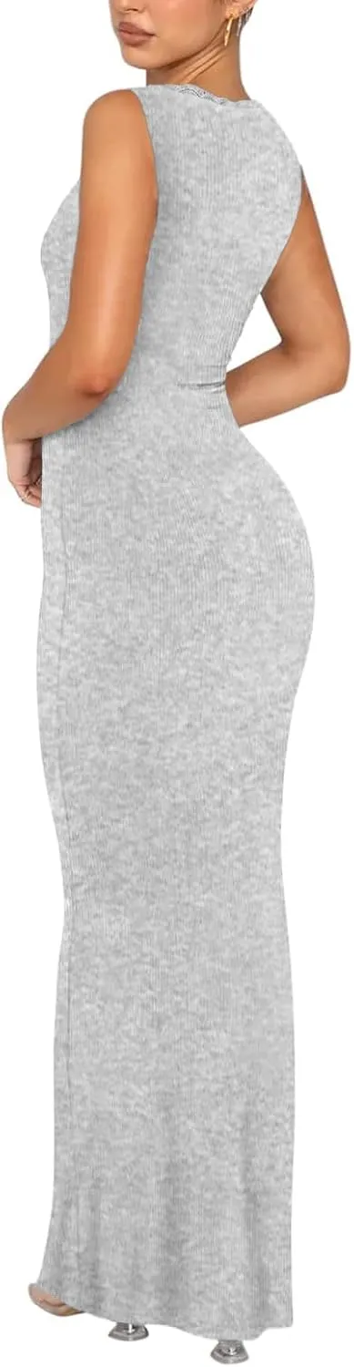 Women's Square Neck with Lace Trim Sleeveless Long Maxi Dress Lounge Ribbed Bodycon Elegant Dresses
