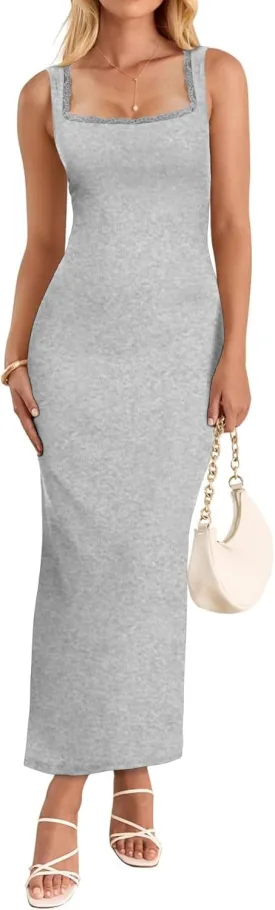 Women's Square Neck with Lace Trim Sleeveless Long Maxi Dress Lounge Ribbed Bodycon Elegant Dresses