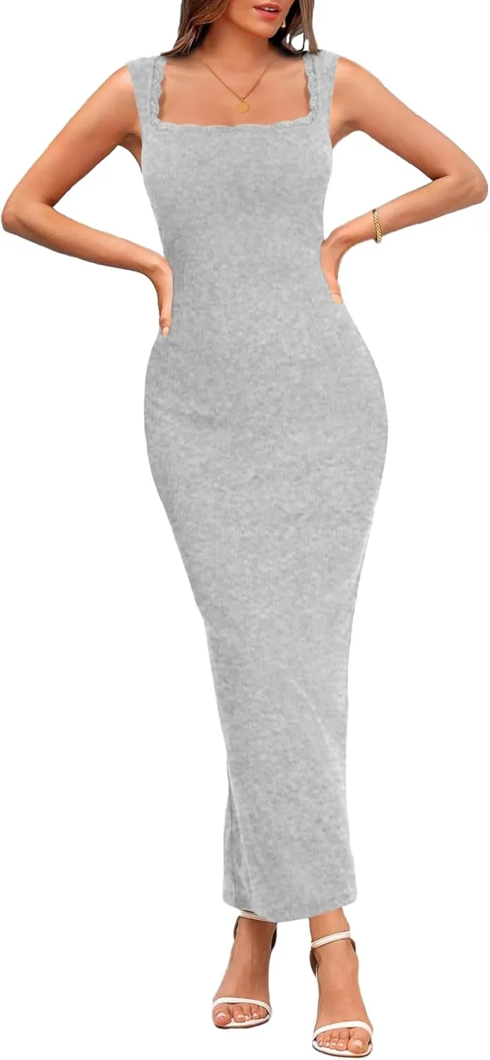 Women's Square Neck with Lace Trim Sleeveless Long Maxi Dress Lounge Ribbed Bodycon Elegant Dresses