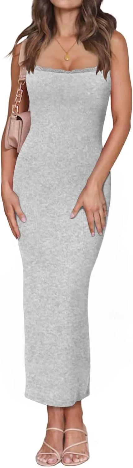 Women's Square Neck with Lace Trim Sleeveless Long Maxi Dress Lounge Ribbed Bodycon Elegant Dresses