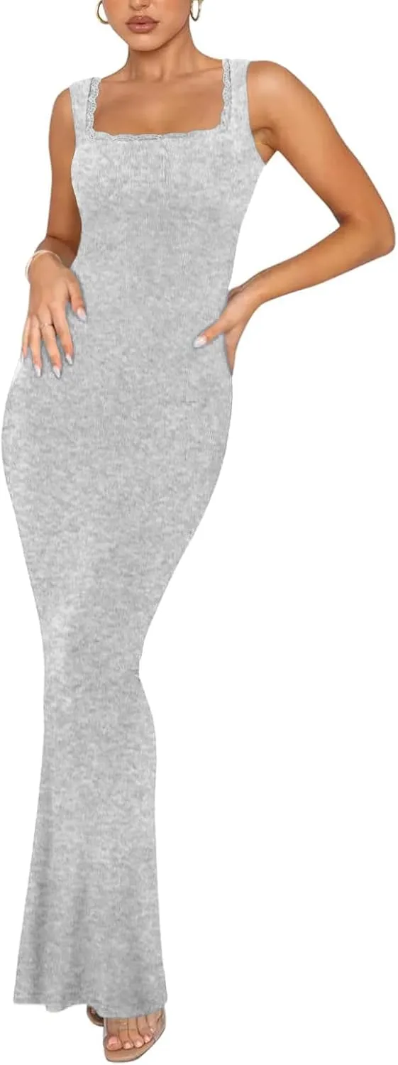 Women's Square Neck with Lace Trim Sleeveless Long Maxi Dress Lounge Ribbed Bodycon Elegant Dresses